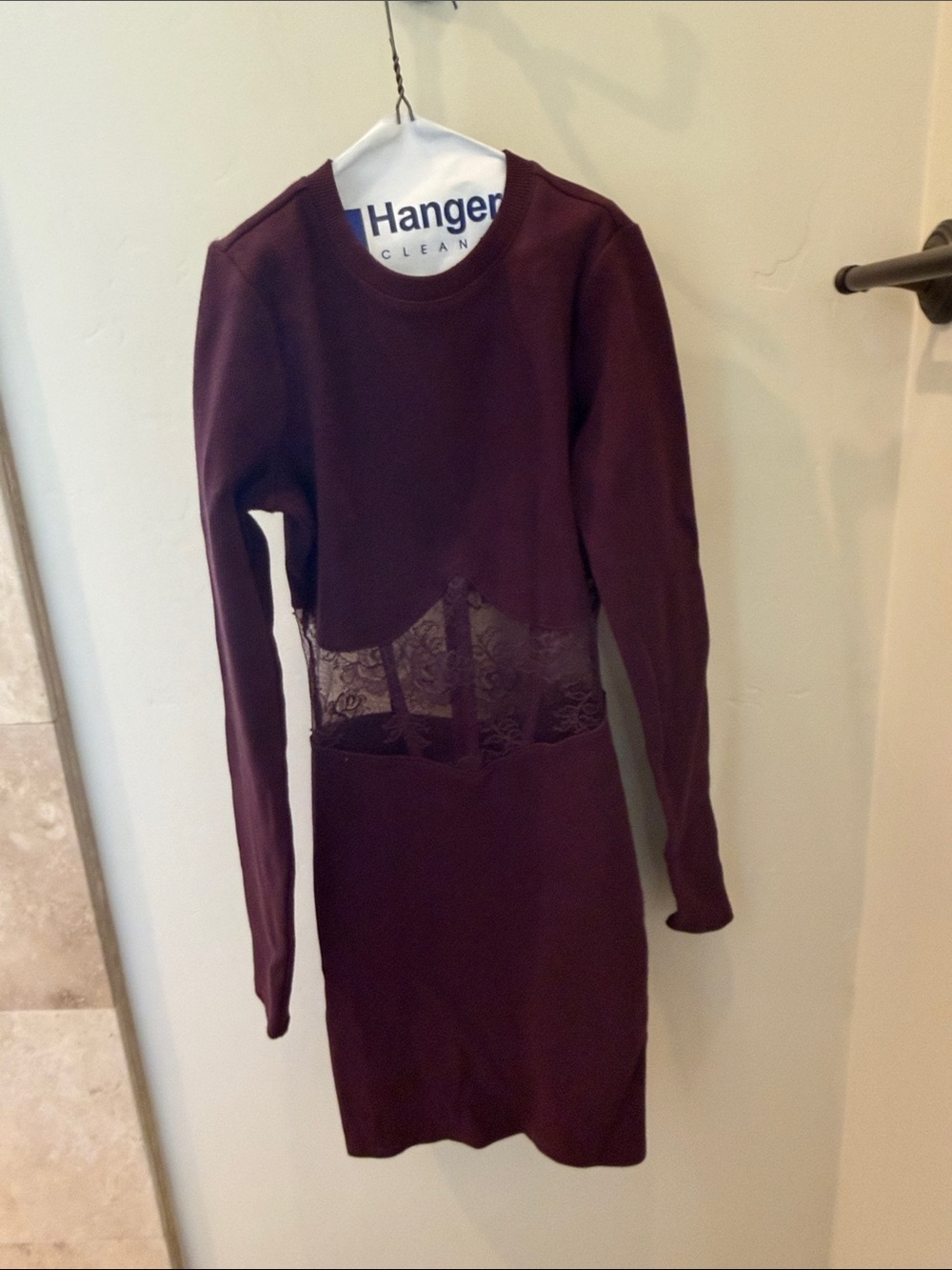Fleur du Mal Burgundy Lace-Panel Midi Dress/ small flaw